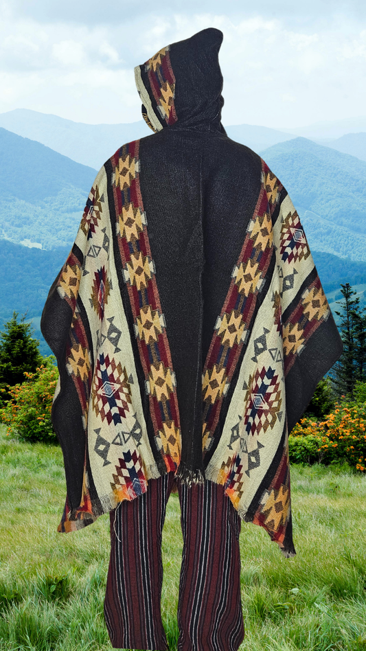 Black Red Chakana Andean Poncho Unisex