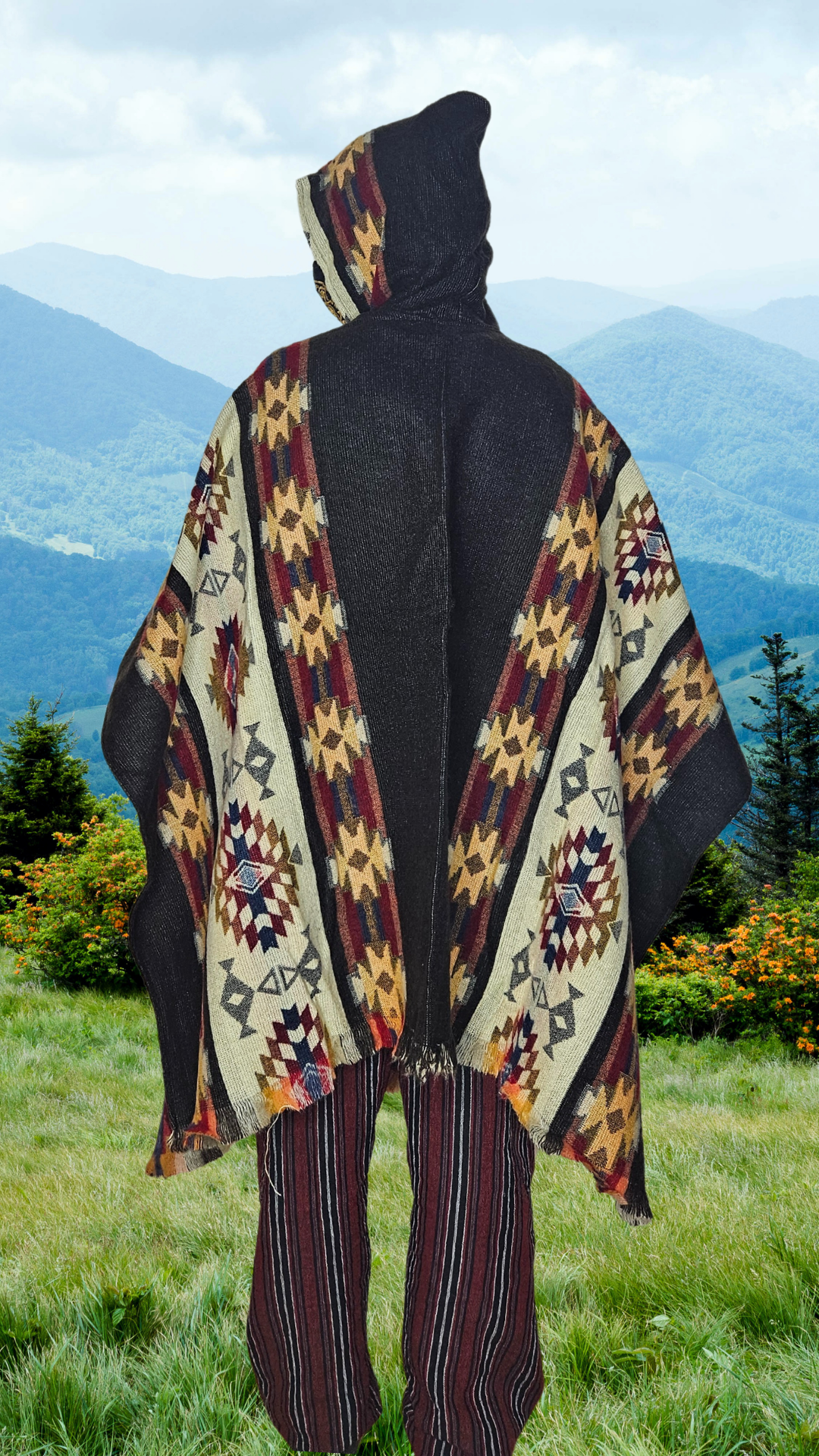 Black Red Chakana Andean Poncho Unisex