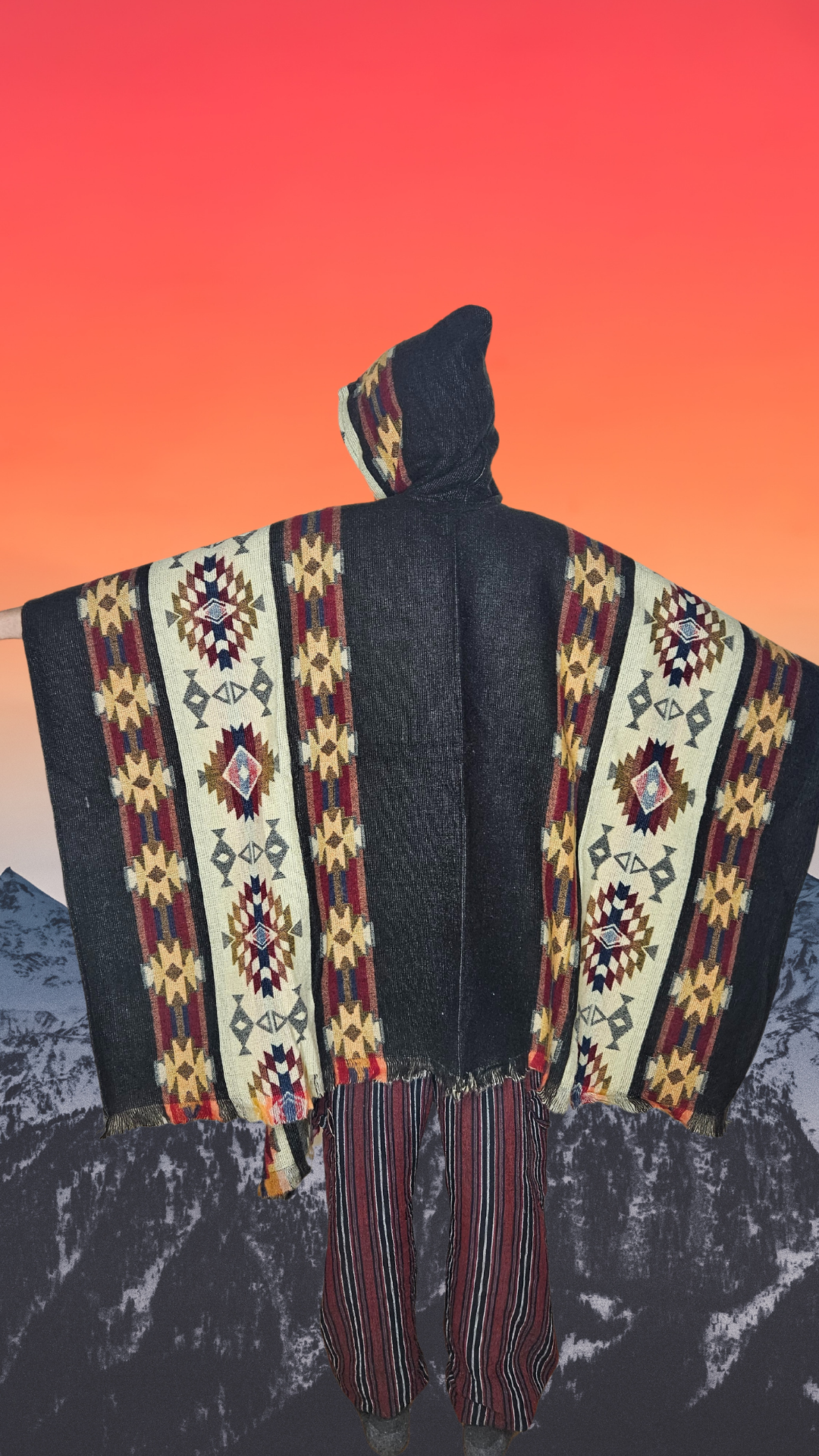 Black Red Chakana Andean Poncho Unisex