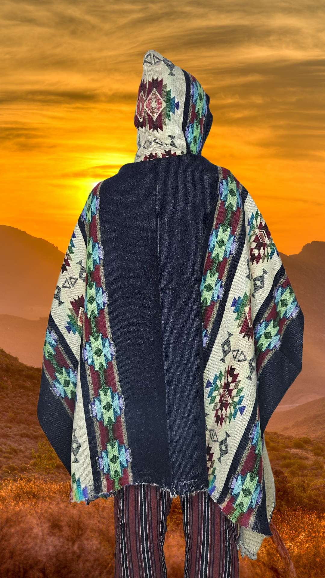 Blue Black Chakana Andean Poncho Unisex