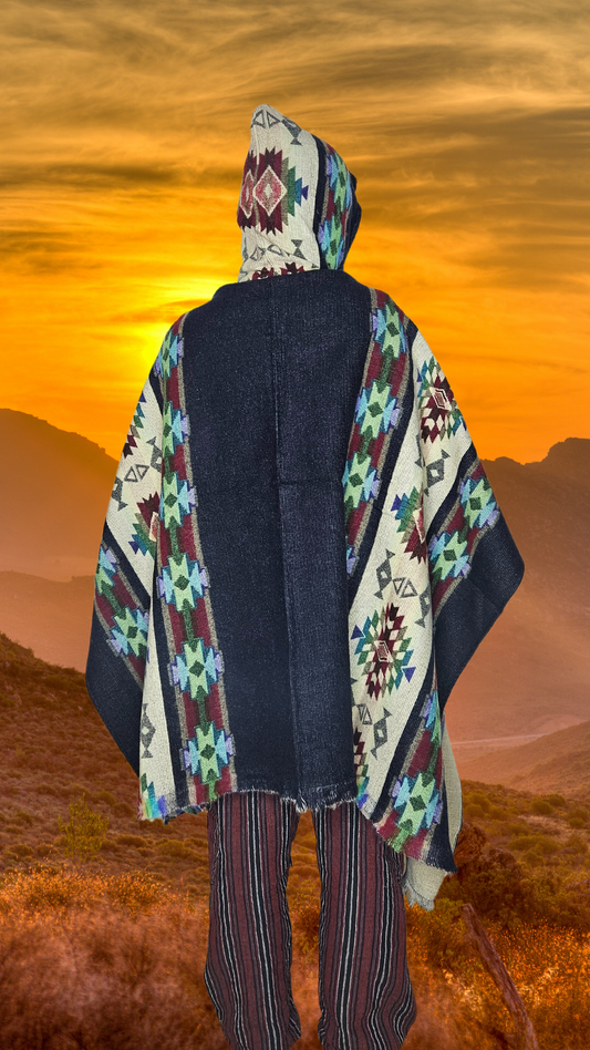 Blue Black Chakana Andean Poncho Unisex
