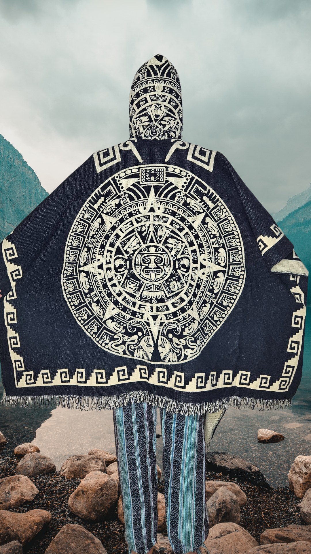 Black Aztec Sun Stone Andean Poncho Unisex