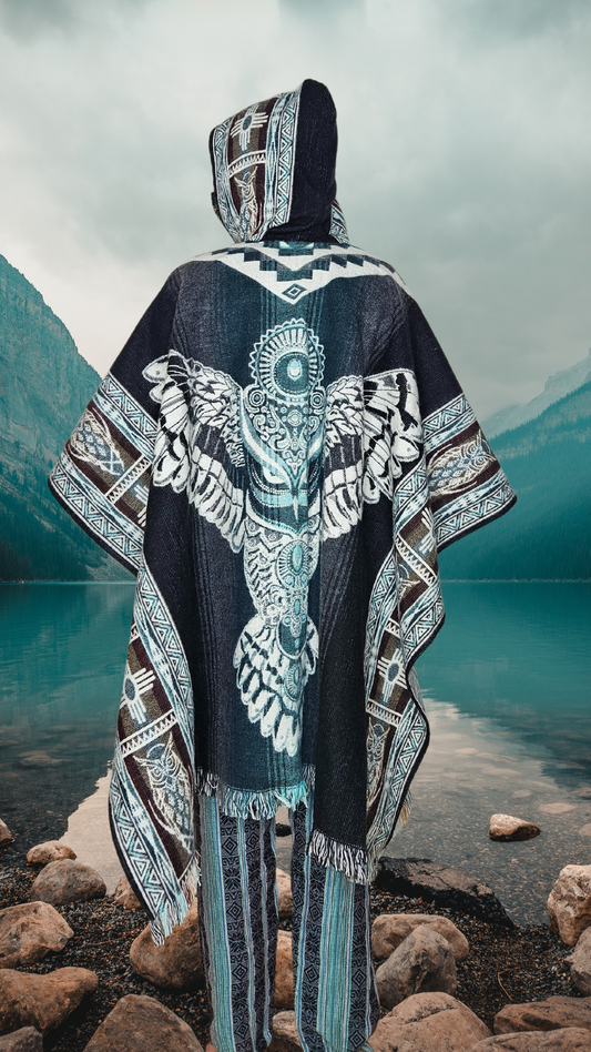 Blue Owl of Wisdom Unique Andean Poncho Unisex