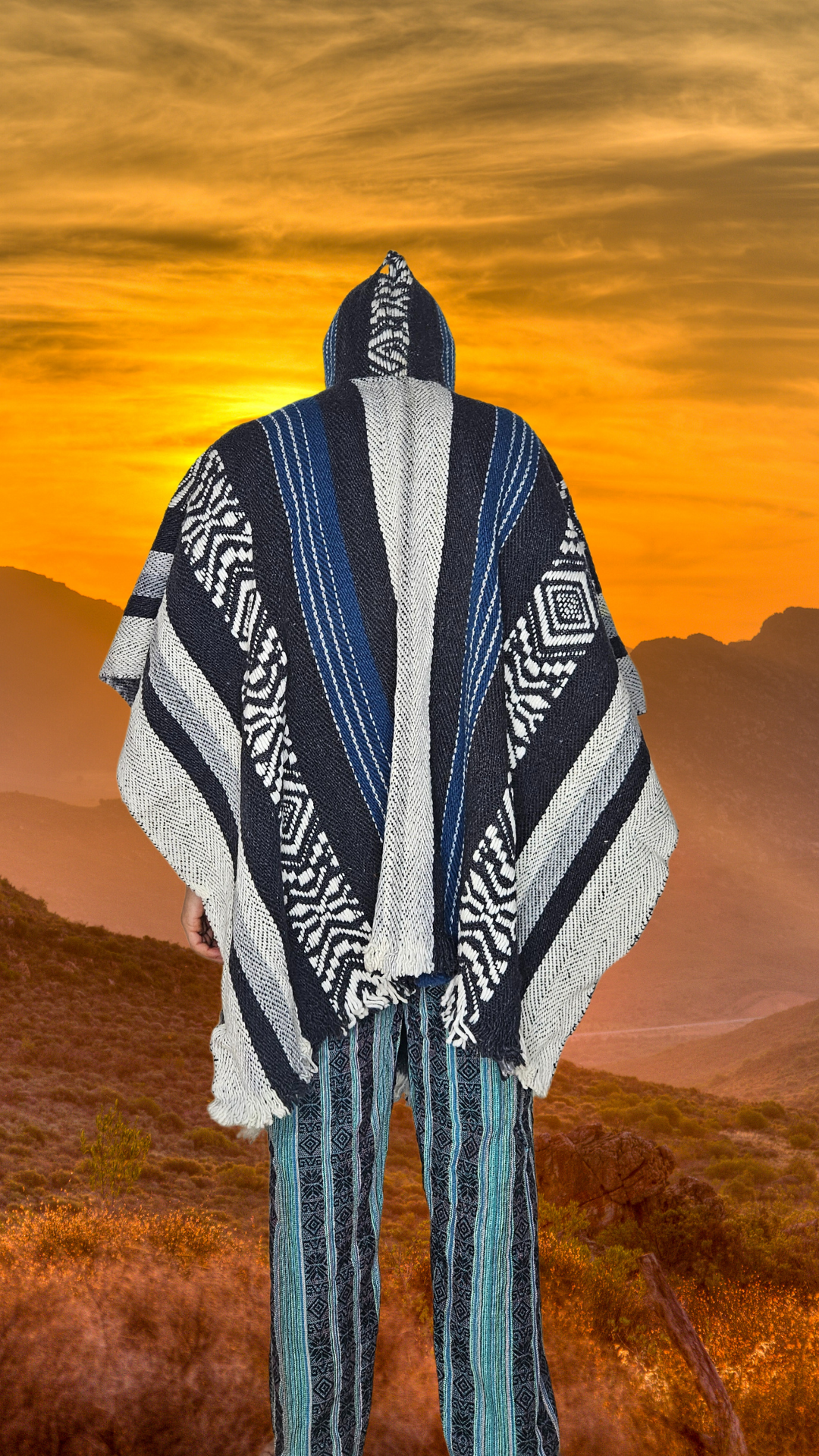 Blue White Premium Unique Andean Poncho Unisex