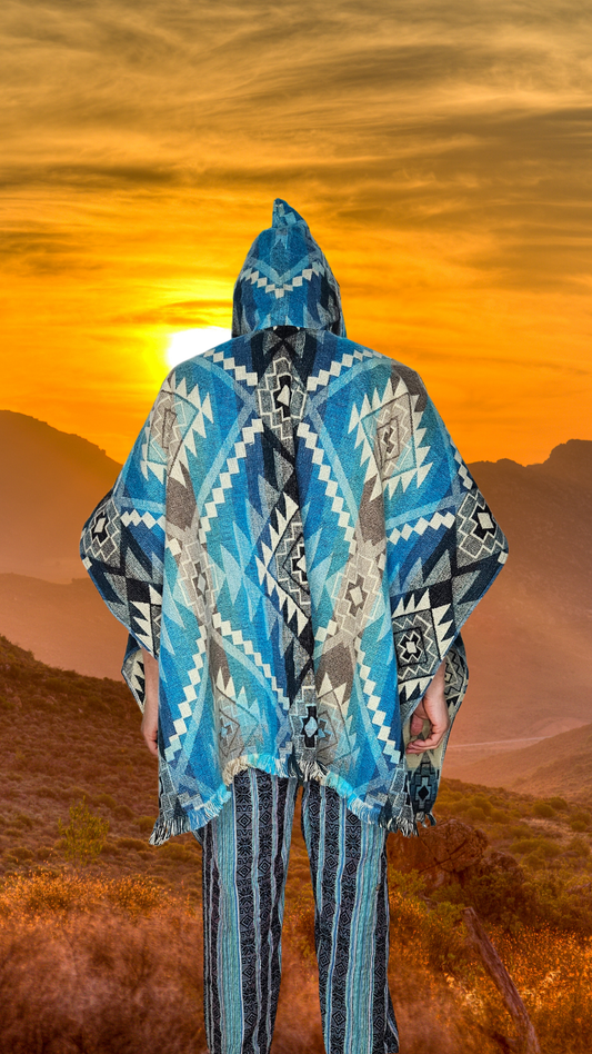 Light Blue White Unique Andean Poncho Unisex