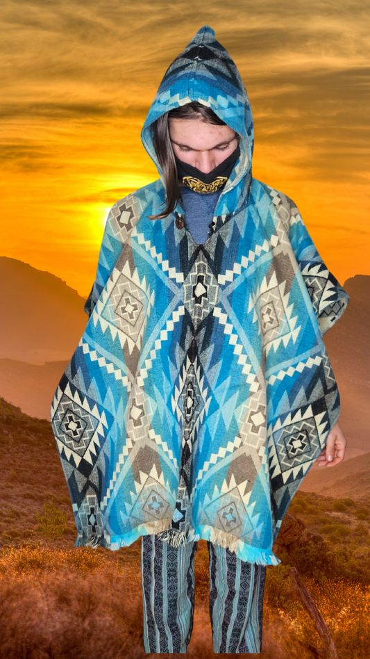 Light Blue White Unique Andean Poncho Unisex