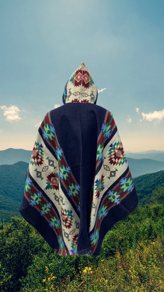 Blue-Black Chakana Andean Poncho Unisex