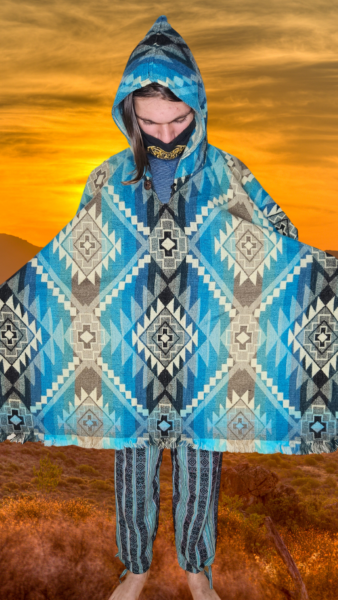 Light Blue White Unique Andean Poncho Unisex