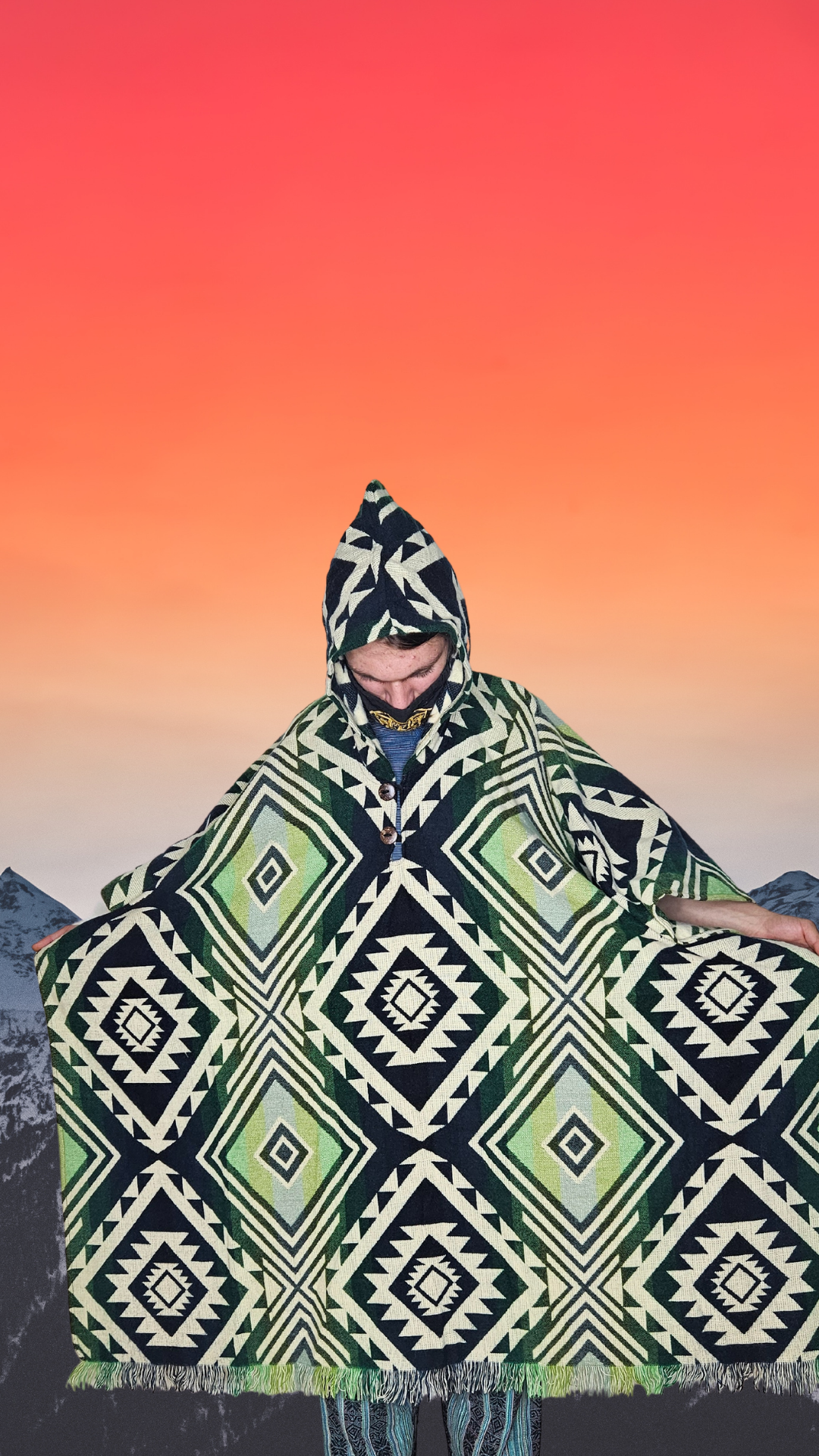 Green Black Unique Andean Poncho Unisex