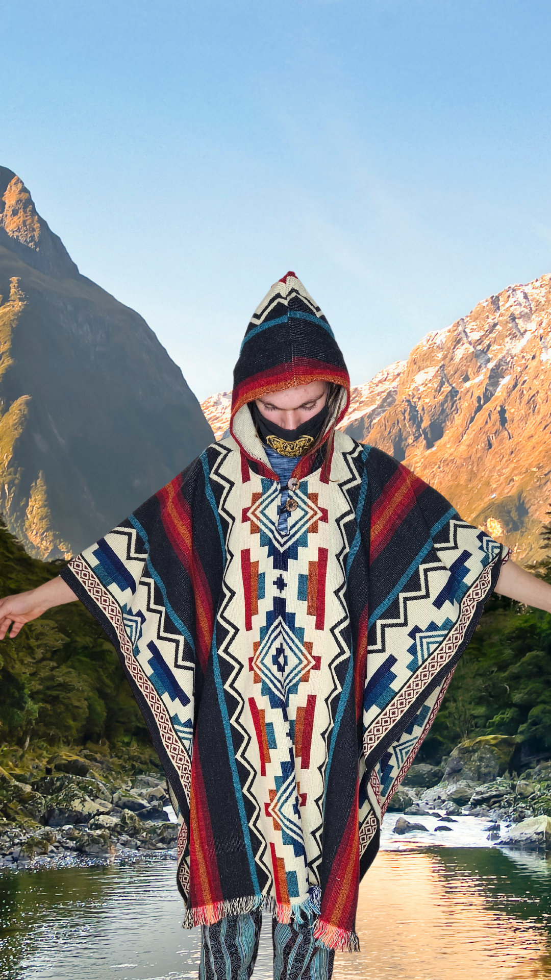 Red Black White Step-Pyramid Unique Andead Poncho Unisex