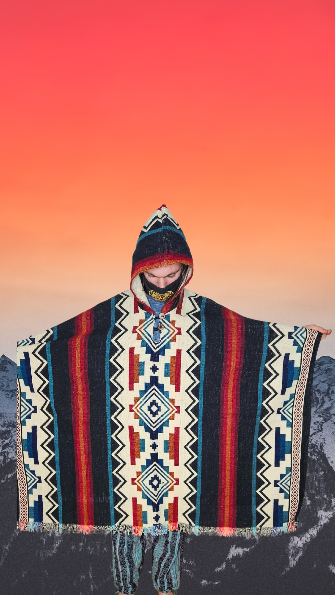 Red Black White Step-Pyramid Unique Andead Poncho Unisex