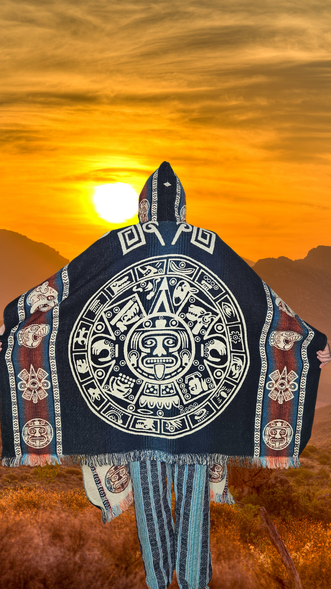 Ornamented Aztec Sun Stone Andean Poncho Unisex