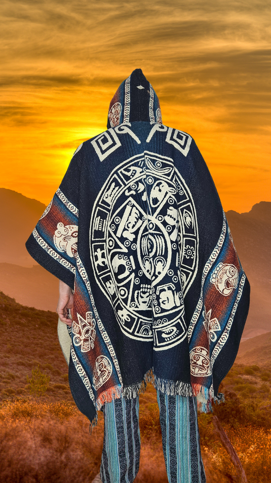 Ornamented Aztec Sun Stone Andean Poncho Unisex