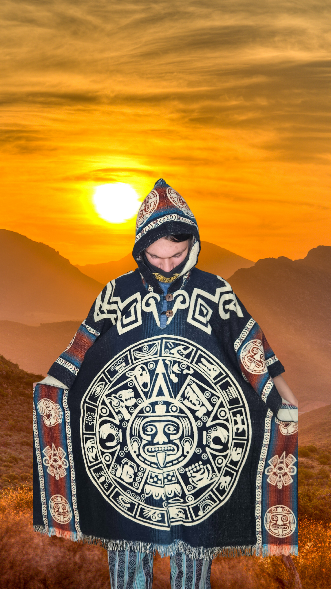 Ornamented Aztec Sun Stone Andean Poncho Unisex
