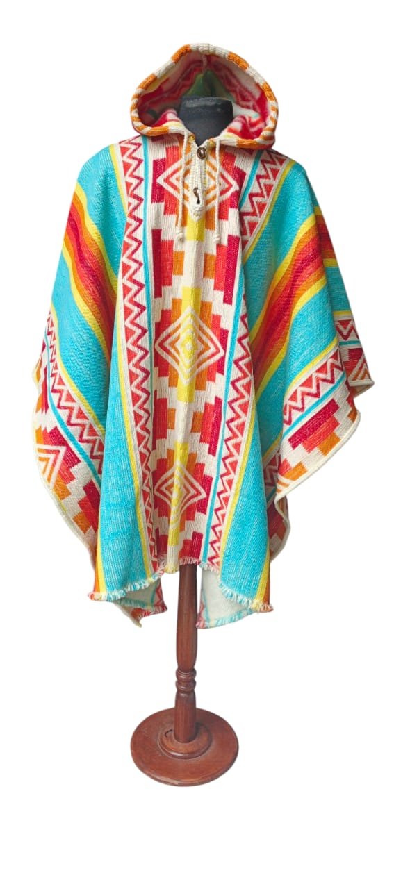 Blue Red Premium Unique Andean Poncho Unisex