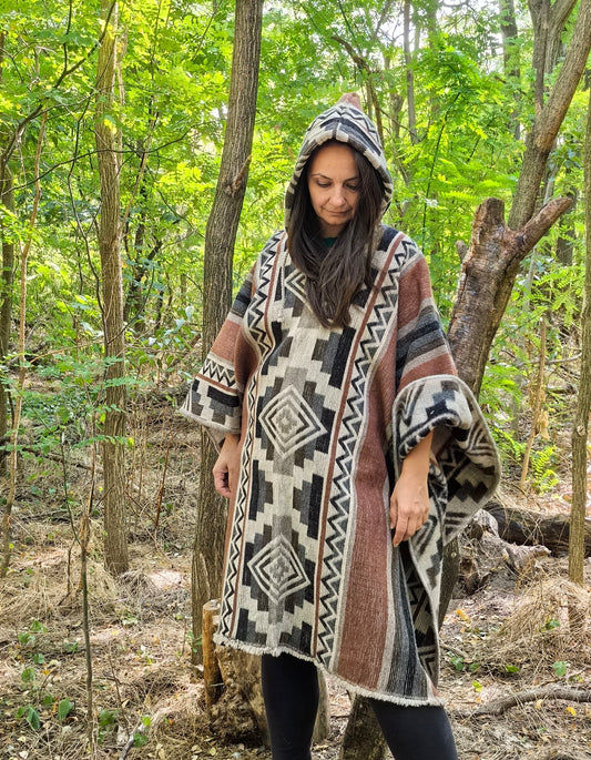 Brown Black White Premium Unique Andean Poncho Unisex