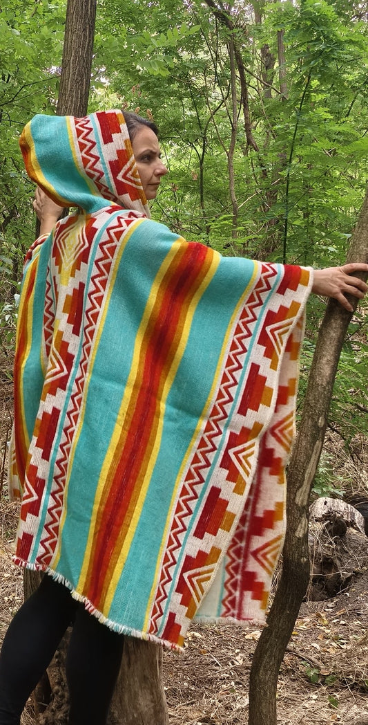 Blue Red Premium Unique Andean Poncho Unisex