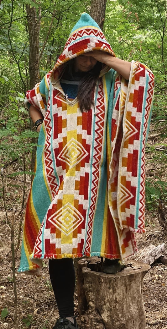 Blue Red Premium Unique Andean Poncho Unisex