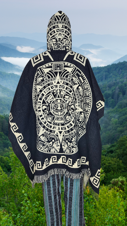 Black Aztec Sun Stone Andean Poncho Unisex