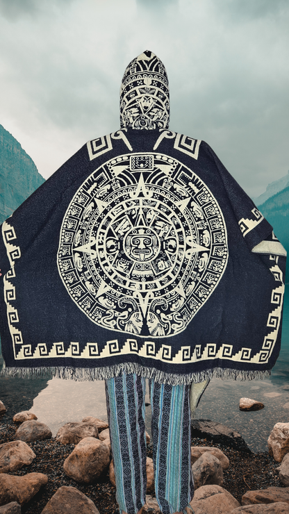 Black Aztec Sun Stone Andean Poncho Unisex