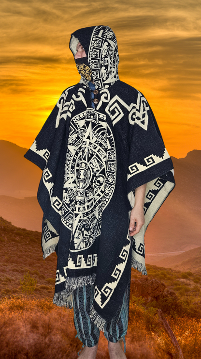 Black Aztec Sun Stone Andean Poncho Unisex