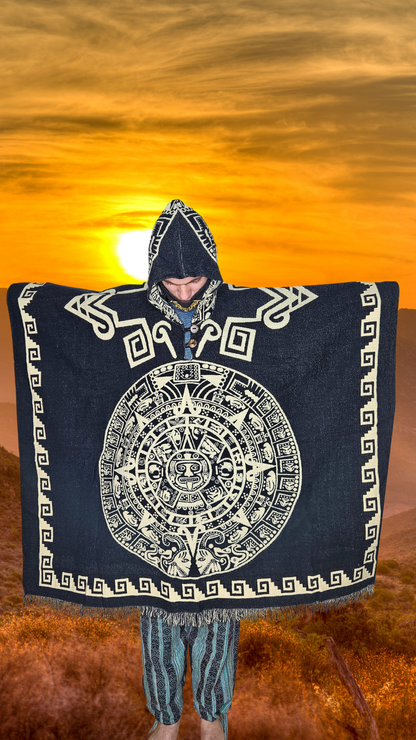 Black Aztec Sun Stone Andean Poncho Unisex