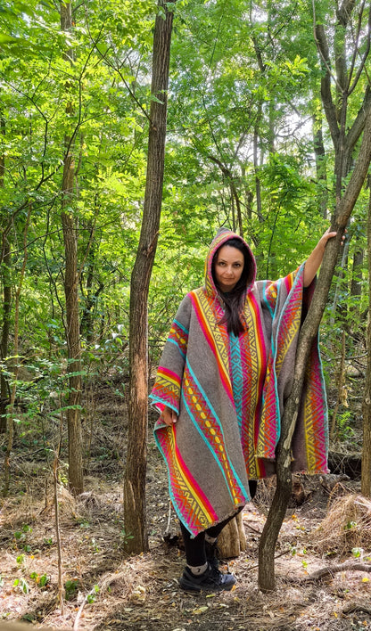 Yellow Blue Red Premium Unique Andean Poncho Unisex